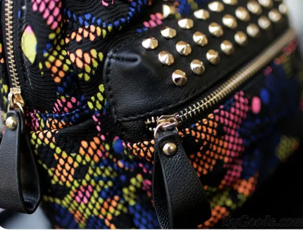 Unique Rainbow Skull Camo Mesh Rivets Backpack&Schoolbag