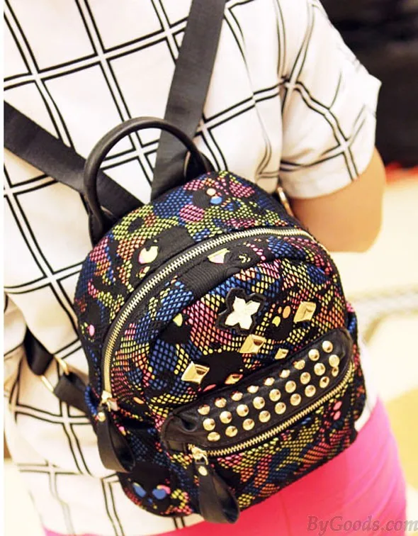 Unique Rainbow Skull Camo Mesh Rivets Backpack&Schoolbag