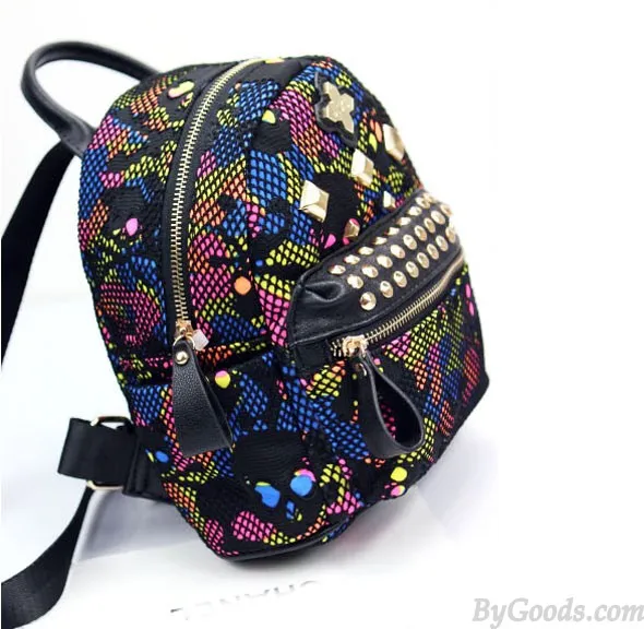 Unique Rainbow Skull Camo Mesh Rivets Backpack&Schoolbag