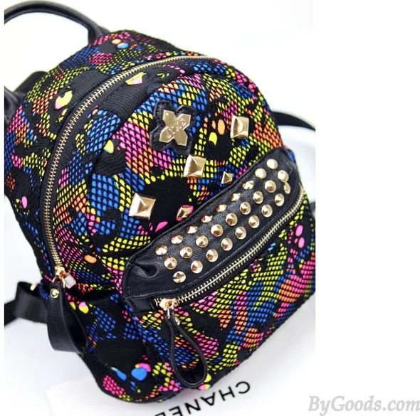Unique Rainbow Skull Camo Mesh Rivets Backpack&Schoolbag