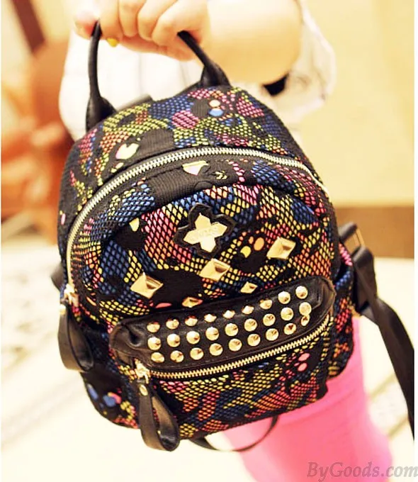Unique Rainbow Skull Camo Mesh Rivets Backpack&Schoolbag