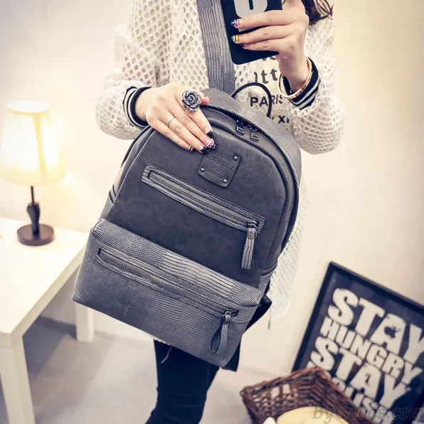Unique School Splicing PU Crocodile Grained Leather Large Capacity Backpack