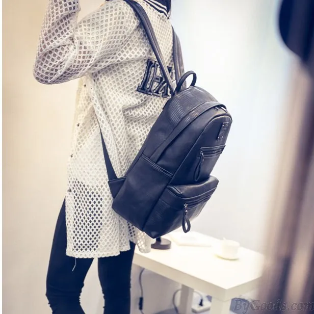 Unique School Splicing PU Crocodile Grained Leather Large Capacity Backpack