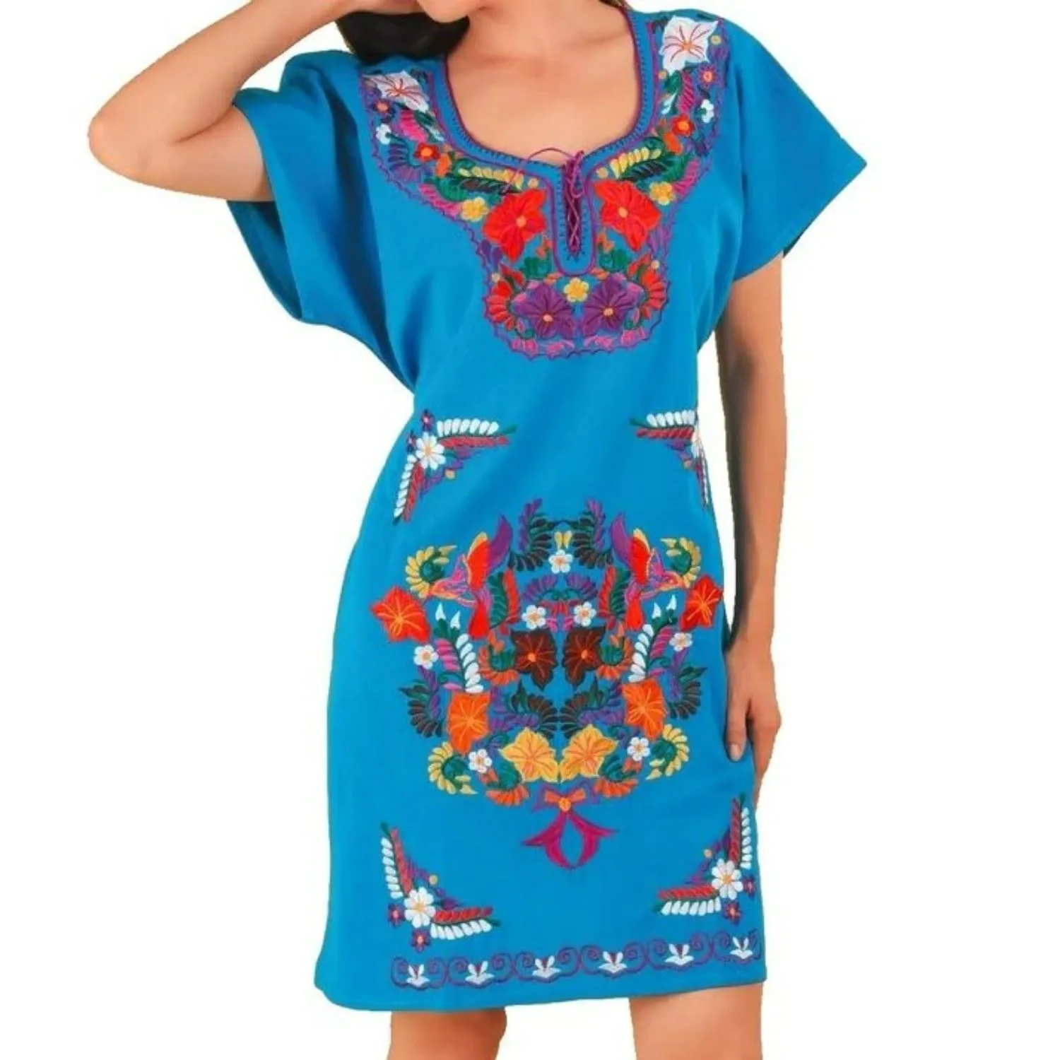 VESTIDO ARTESANAL FINO BORDADO COLOR AZUL PARA MUJER IMP77121