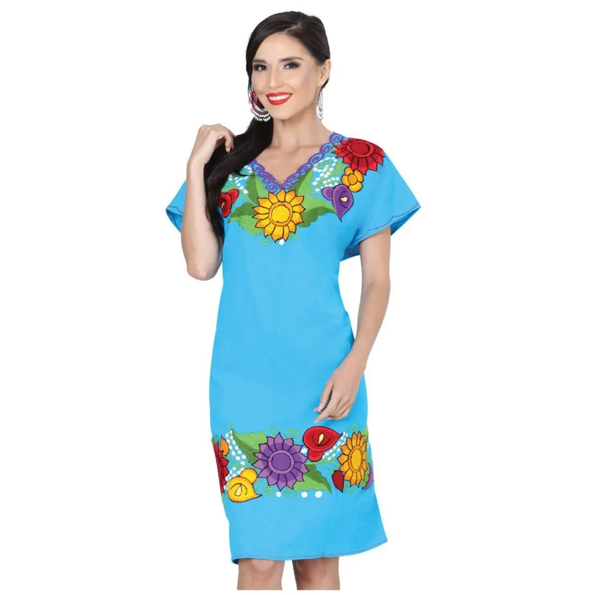 VESTIDO ARTESANAL FINO BORDADO ZINACANTAN COLOR AZUL PARA MUJER GEN601293
