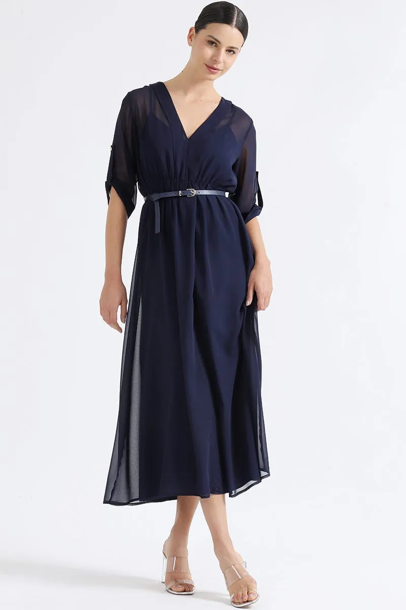 VESTIDO LARGO GASA SEMI TRASPARENTE, AZUL MARINO