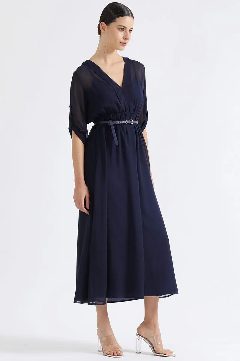 VESTIDO LARGO GASA SEMI TRASPARENTE, AZUL MARINO