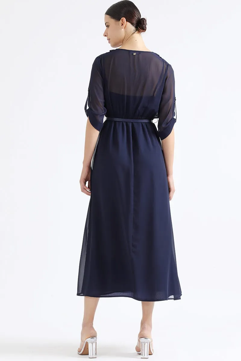 VESTIDO LARGO GASA SEMI TRASPARENTE, AZUL MARINO