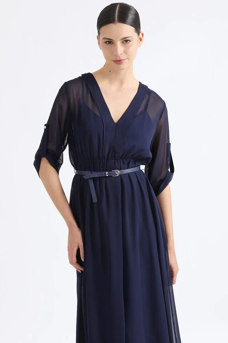 VESTIDO LARGO GASA SEMI TRASPARENTE, AZUL MARINO