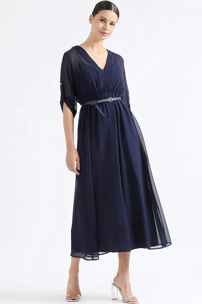VESTIDO LARGO GASA SEMI TRASPARENTE, AZUL MARINO