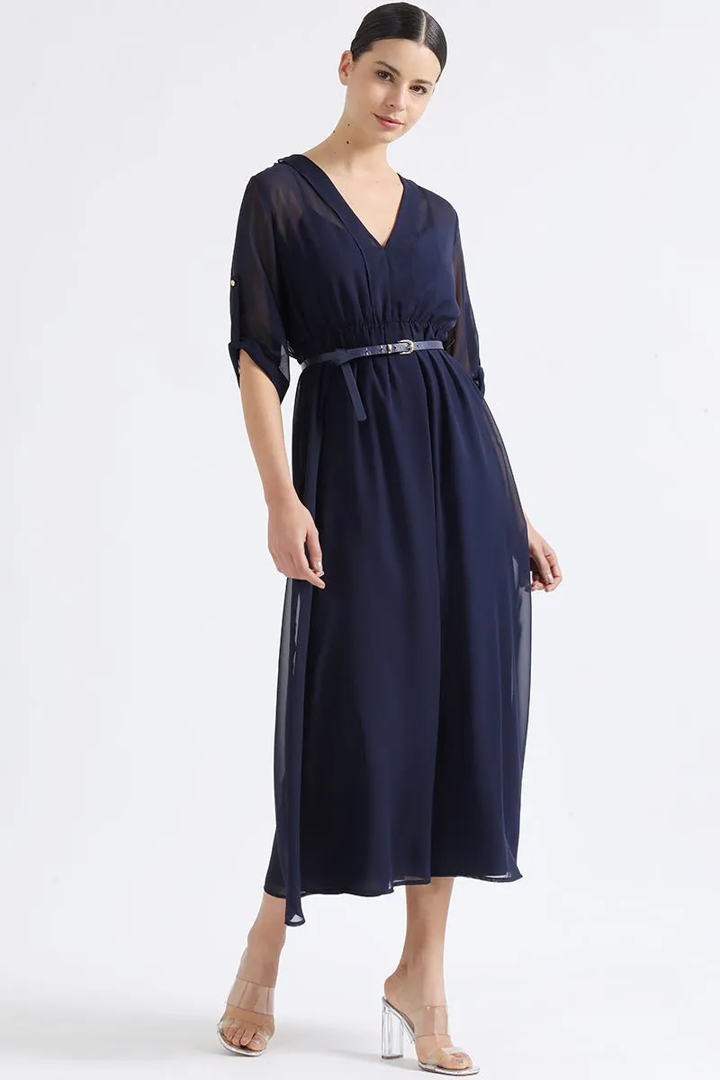 VESTIDO LARGO GASA SEMI TRASPARENTE, AZUL MARINO
