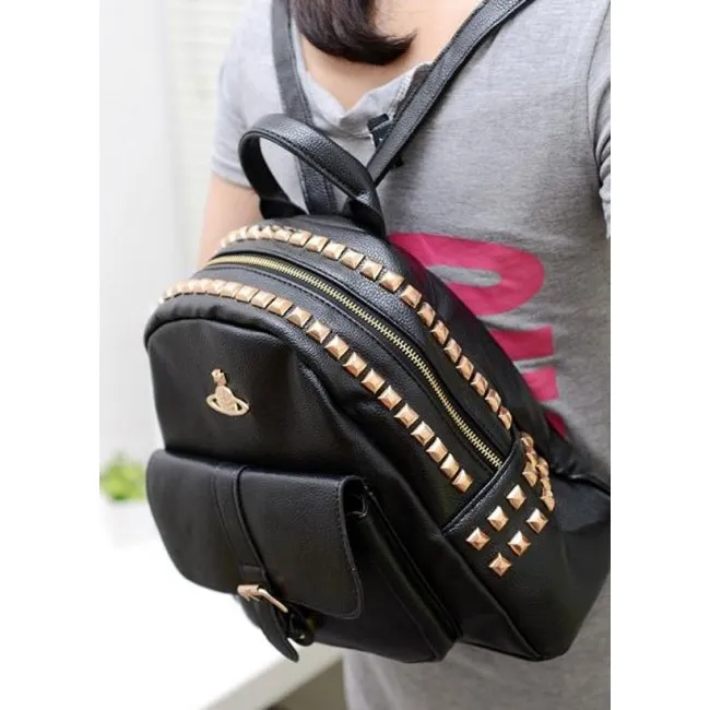 Vintage Crown Rivets PU Leather Backpack&Schoolbag