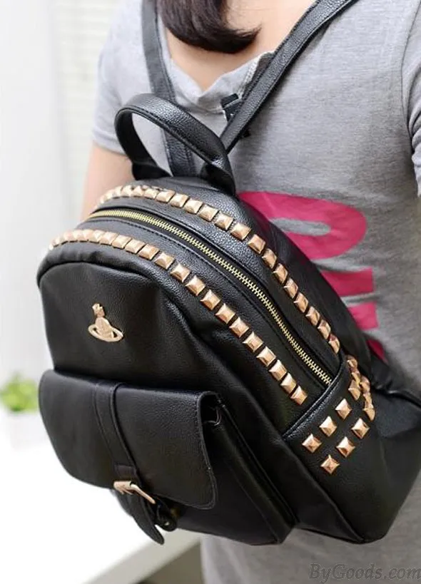 Vintage Crown Rivets PU Leather Backpack&Schoolbag
