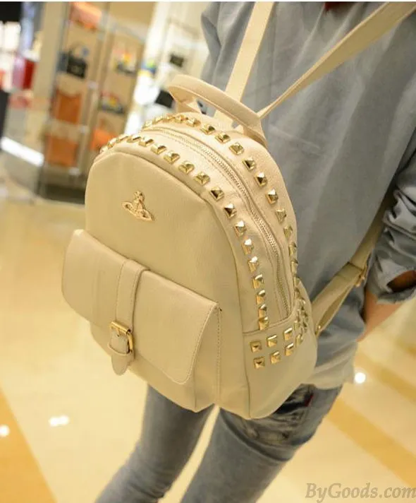 Vintage Crown Rivets PU Leather Backpack&Schoolbag