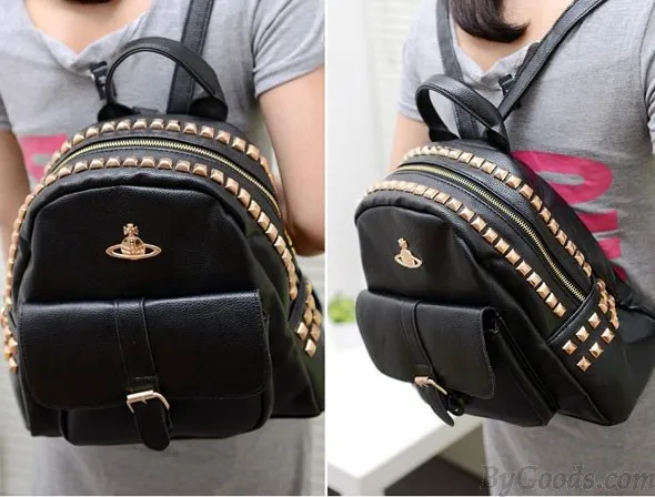Vintage Crown Rivets PU Leather Backpack&Schoolbag