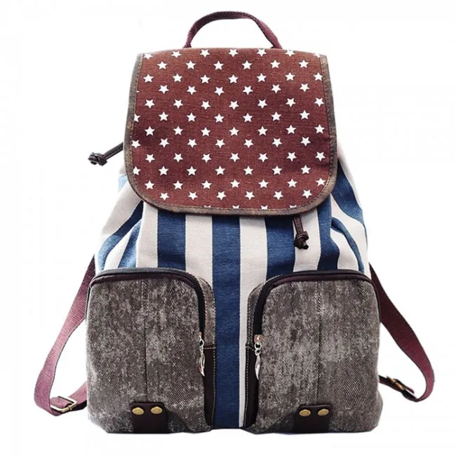 Vintage Star Strip Print Canvas Backpack