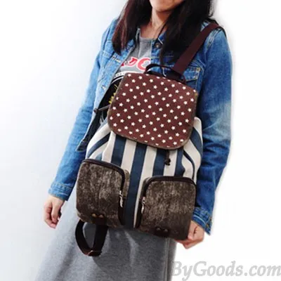 Vintage Star Strip Print Canvas Backpack