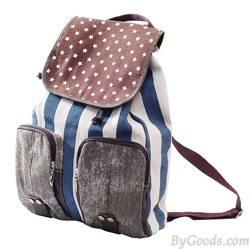 Vintage Star Strip Print Canvas Backpack