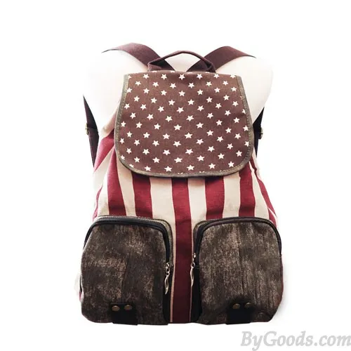 Vintage Star Strip Print Canvas Backpack