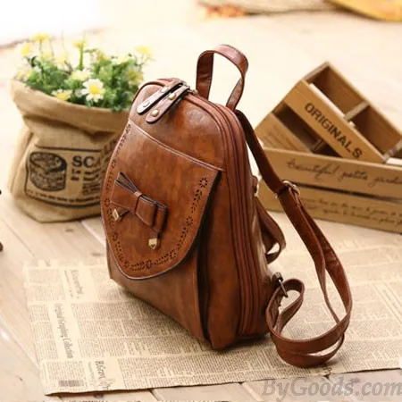  Vintage Style PU Leather Bow Backpack